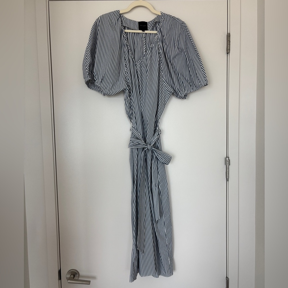 Alex Marie Blue and White Striped Midi Dress with Puff Sleeves Size M